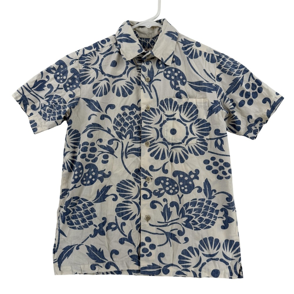 Kahala Shirt Boys 8 Medium Beige Blue Floral Hawaiian Short Sleeve Button Up